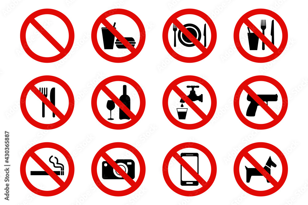 Forbidden signs vector icons, no eating, drinking, smoking, photography, dogs, phone calls. Vector ESP10. Forbidden signs vector icons, no eating, drinking, smoking, photography, dogs, phone calls. Vector ESP10.