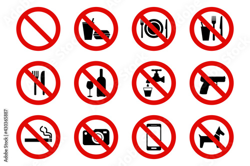 Forbidden signs vector icons, no eating, drinking, smoking,  photography,  dogs,  phone calls. Vector ESP10.