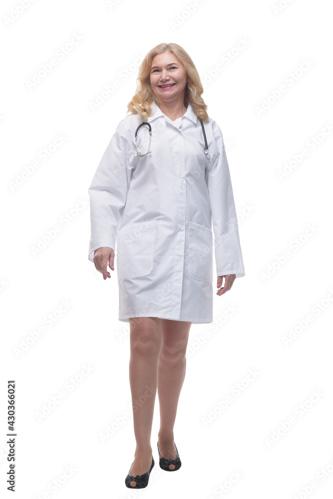 successful woman doctor stepping forward . isolated on white background. successful woman doctor stepping forward . isolated on white background.
