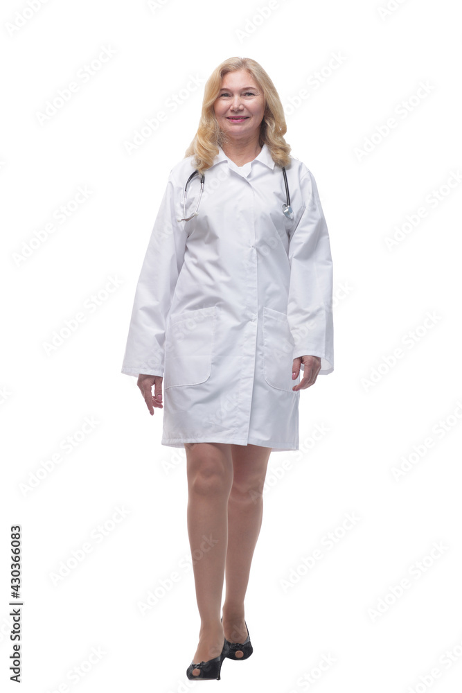 successful woman doctor stepping forward . isolated on white background. successful woman doctor stepping forward . isolated on white background.