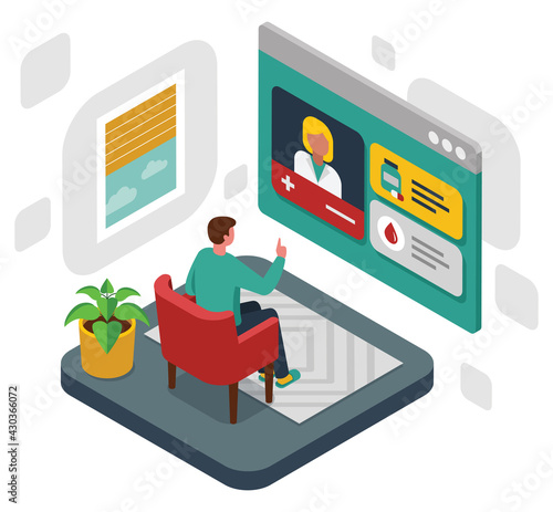 Colourful isometric illustration of online medical consultation