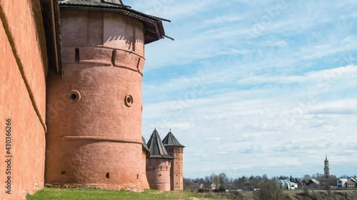 View of Wall and towers of The Spaso-Evfimievsky monastery in Suzdal, Russia.