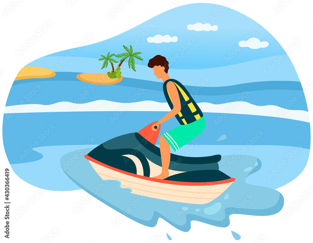 Man on jet ski. Water sports vector illustration. Summer vacation concept. Guy is riding water scooter. Male character on motorcycle riding waves of sea or ocean. Active sports at sea resort