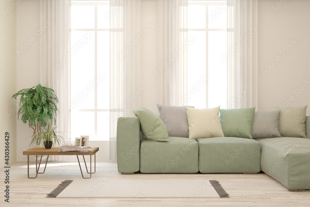 Fototapeta premium White living room with sofa. Scandinavian interior design. 3D illustration