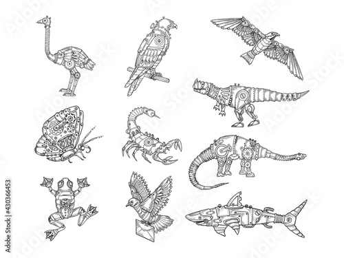 Mechanical animal set sketch engraving vector illustration. T-shirt apparel print design. Scratch board imitation. Black and white hand drawn image.