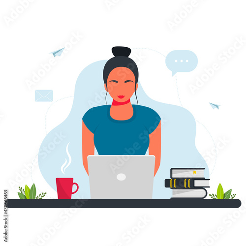 Freelance, online studying, work from home concept. girl sitting with laptop. The girl sits at the table and works on a laptop with a home plant in the background. freelance concept