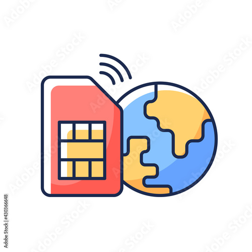 Global SIM card RGB color icon. Smartphone connection around planet. Nomadic lifestyle. Travel necessities for international tourist. Global communication. Isolated vector illustration
