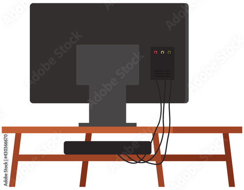 TV on stand. Wooden shelf for television vector illustration. Living room interior design element big table with television set, furniture flat style. Televisor on table, monitor on shelf back view