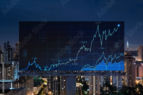 Photography FOREX graph hologram on billboard, aerial night panoramic cityscape of Kuala Lumpur