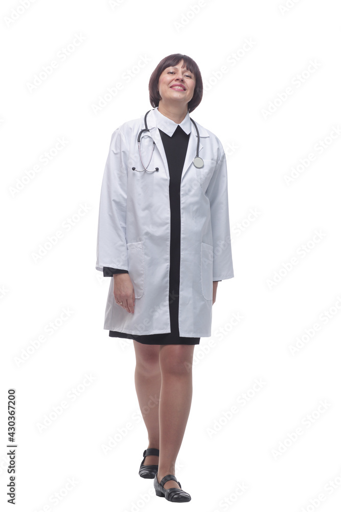 proud woman doctor striding forward. isolated on a white background.