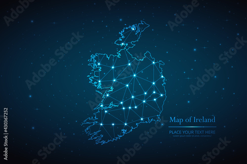 Abstract map of Ireland geometric mesh polygonal network line, structure and point scales on dark background. Vector illustration eps 10