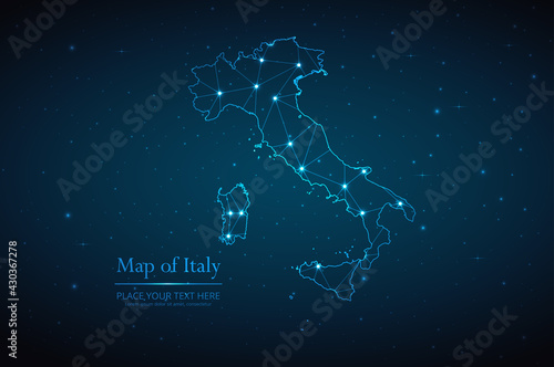 Abstract map of Italy geometric mesh polygonal network line, structure and point scales on dark background. Vector illustration eps 10