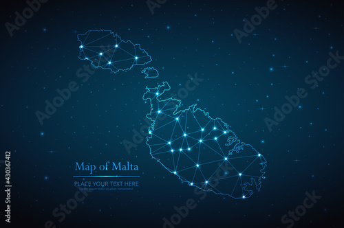 Abstract map of Malta geometric mesh polygonal network line, structure and point scales on dark background. Vector illustration eps 10