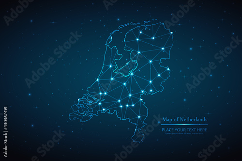 Abstract map of Netherlands geometric mesh polygonal network line, structure and point scales on dark background. Vector illustration eps 10