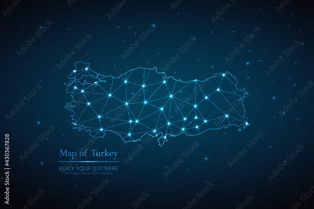 Abstract map of Turkey geometric mesh polygonal network line, structure and point scales on dark background. Vector illustration eps 10