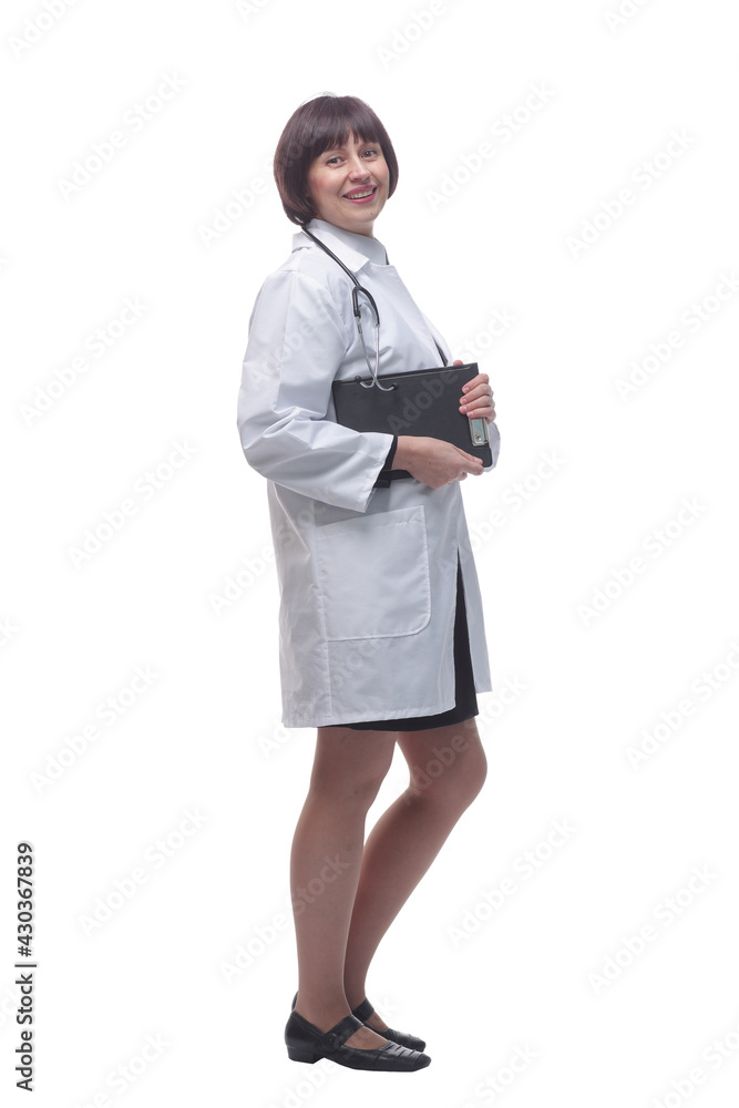 female medic making notes to the clipboard . isolated on a white background. female medic making notes to the clipboard . isolated on a white background.