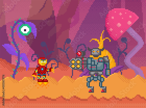 Pixel game interface layout design. Angry iron pixelated monster with horns fighting character. Unidentified flying object goes to astronauts. Alien attacks pixelated warrior in red cosmic suit