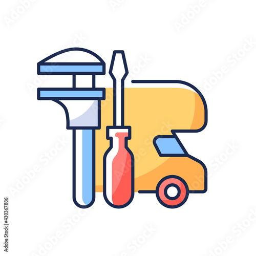 RV maintenance RGB color icon. Professional service for trailer repair. Fix auto for travel. Roadtrip gear. Nomadic lifestyle. Camping trip necessities for traveler. Isolated vector illustration