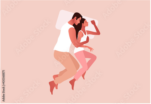 Beautiful romantic couple sleeping. Intimate or sexual relationship of young man and woman. Pale pastel colours vector illustration in flat style.