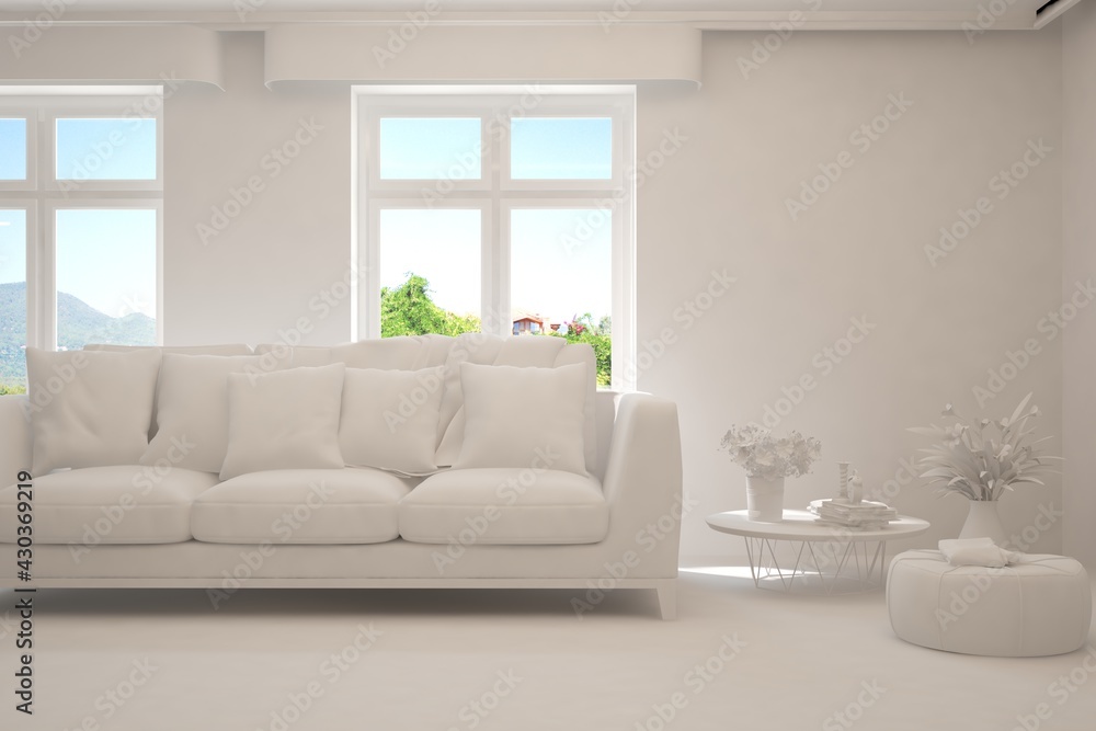 Fototapeta premium White minimalist living room with sofa. Scandinavian interior design. 3D illustration