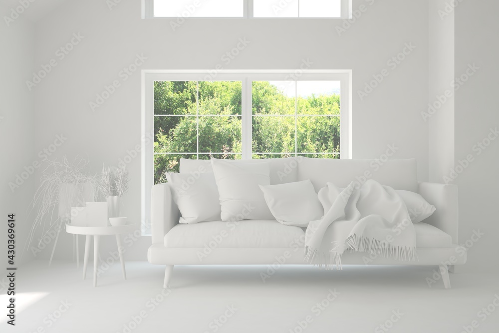 Fototapeta premium Minimalist living room in white color with sofa and summer landscape in window. Scandinavian interior design. 3D illustration