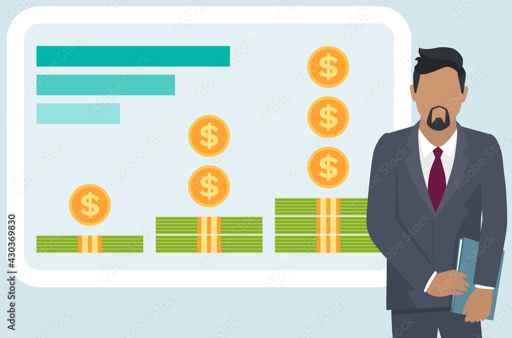 Serious businessman dressed in suit analyzes indices on presentation with charts with dollar and coin signs, examines indicators of activity growth. Project management and financial report strategy Serious businessman dressed in suit analyzes indices on presentation with charts with dollar and coin signs, examines indicators of activity growth. Project management and financial report strategy