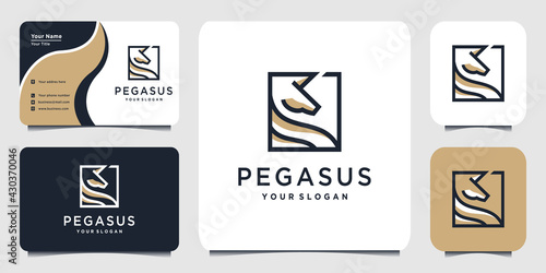 Pegasus logo with cool outline concept, nature, park, horse, and business card Premium Vector