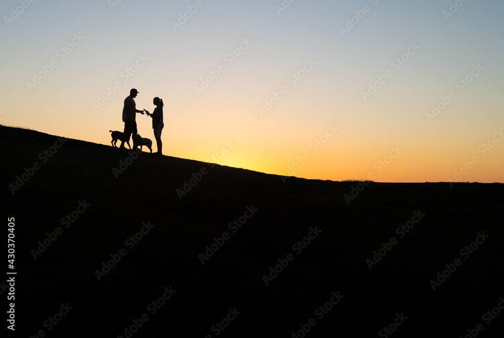 Silhouette of Couple Whit Two Dogs in a Hill at Sunset