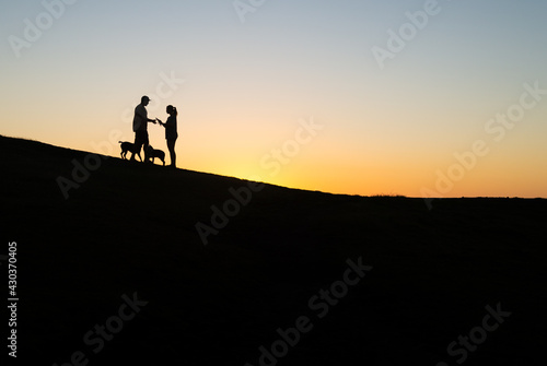 Silhouette of Couple Whit Two Dogs in a Hill at Sunset