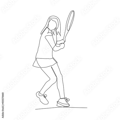 Young female playing tennis, ready to hit the ball - continuous one line drawing