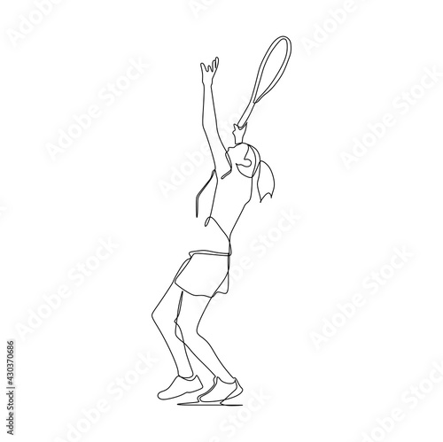 Young female playing tennis to serve the ball - continuous one line drawing