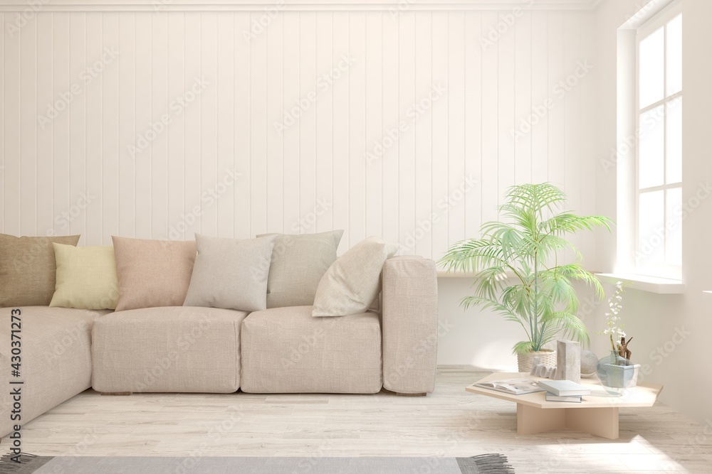 Fototapeta premium Soft color living room with sofa. Scandinavian interior design. 3D illustration