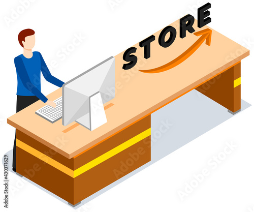 Cashier counter with employee, giving convenience service for customer, coming to shopping at store. Man working in store stands and looks at computer monitor. Boutique staff spends time at work