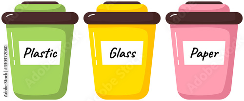 Garbage sorting. Different color recycle bins with glass, plastic and paper. Recycling or reuse. Less garbage on planet. Zero waste ecology concept. Clean planet and environment care, stop pollution