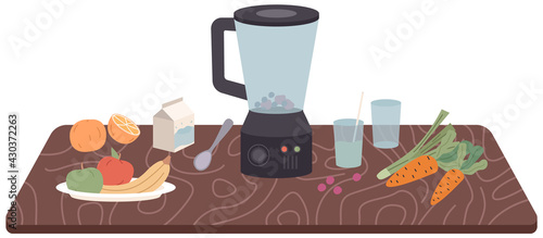 Process of cooking vegetarian food. Proper nutrition, healthy lifestyle and vegetarianism concept. Ingredients and cooking utensil for making smothie. Natural ingredients for fruit cocktail in blender