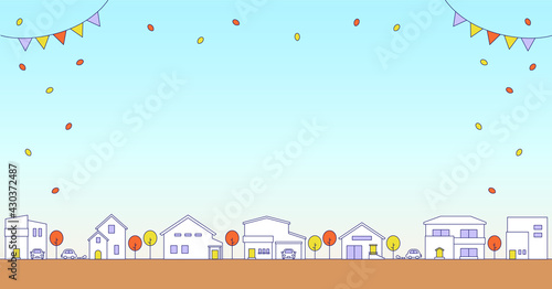 シンプルな街並みの背景素材　秋とガーランド