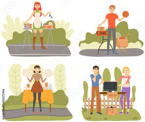 Set of illustration about selling on garage sales in sunny day. Event for sale of used things for low price in backyard. Free time outdoor activity event vector illustration. Discounts on non-new item
