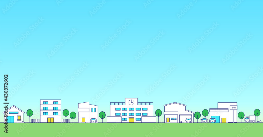 シンプルな街並みと学校の背景素材　青空