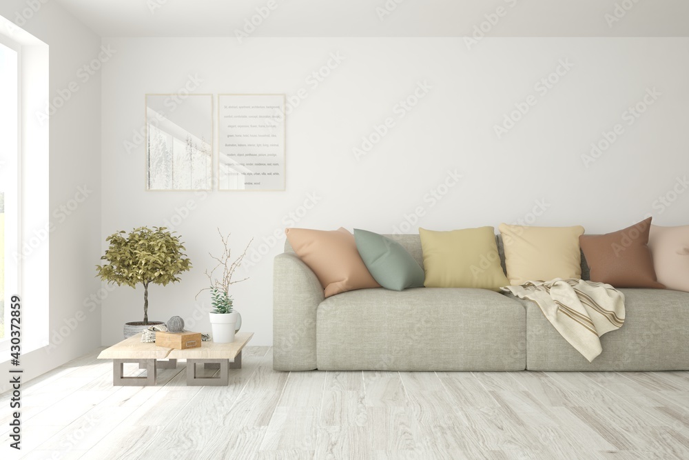 Fototapeta premium Soft color living room with sofa. Scandinavian interior design. 3D illustration