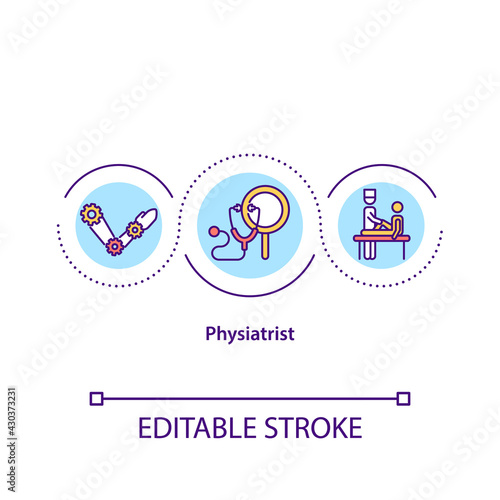Physiatrist concept icon. Person who treats patients who have had amputation or hard body part injury idea thin line illustration. Vector isolated outline RGB color drawing. Editable stroke