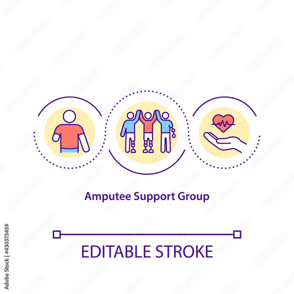 Amputee support group concept icon. Place where people with disablity can get mental help to deal with problems idea thin line illustration. Vector isolated outline RGB color drawing. Editable stroke Amputee support group concept icon. Place where people with disablity can get mental help to deal with problems idea thin line illustration. Vector isolated outline RGB color drawing. Editable stroke