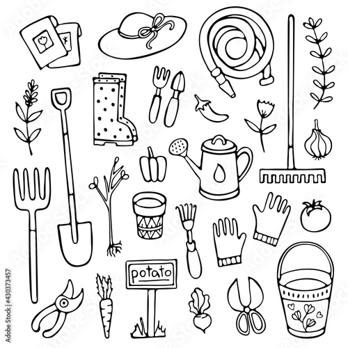 Doodle garden set, tools, and elements. Black and white vector illustration. Vector illustration