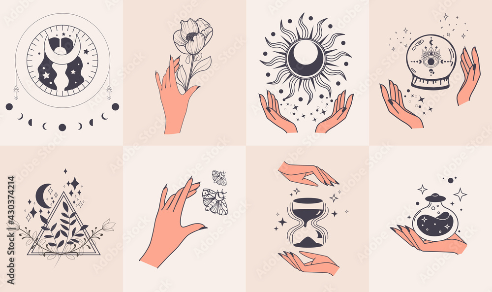 Magic hands holding flowers, magic ball, sun, clock and butterfly  Minimalist hands and flowers, abstract hand drawn flower symbols. A set of  vector illustrations of modern magic elements. Flat vector Stock Vector