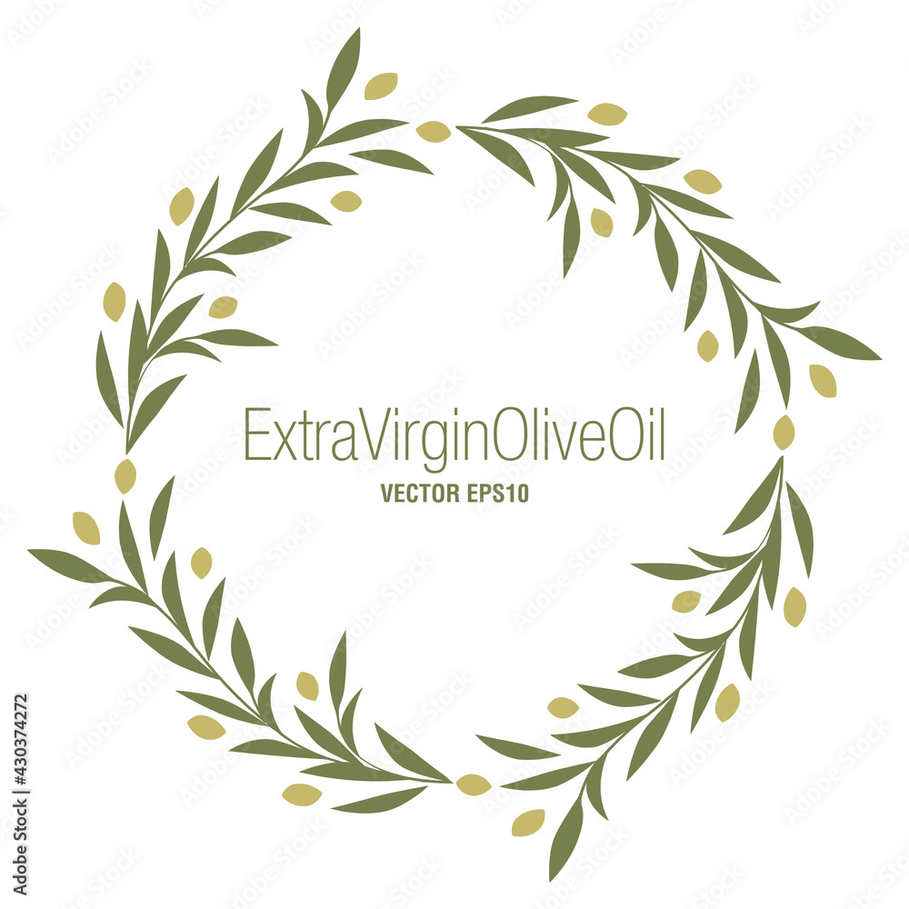 Circular frame of olive branches, olives and leaves, isolated on white background