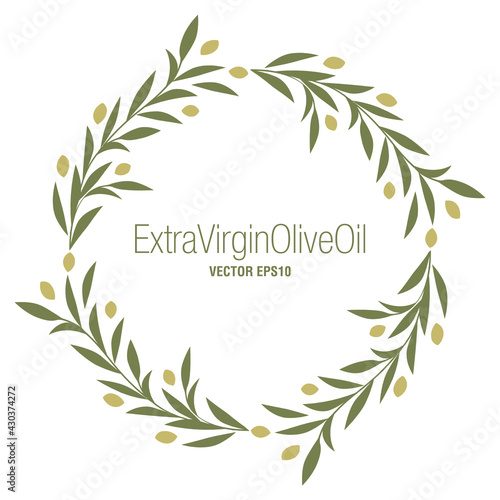 Circular frame of olive branches  olives and leaves  isolated on white background