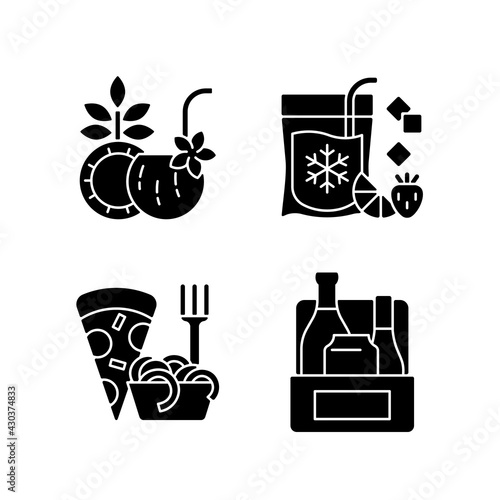 Pickup and delivery option black glyph icons set on white space. Coconut cocktail. Frozen beverage. Pizza and pasta. Alcoholic drinks. Pina colada. Silhouette symbols. Vector isolated illustration