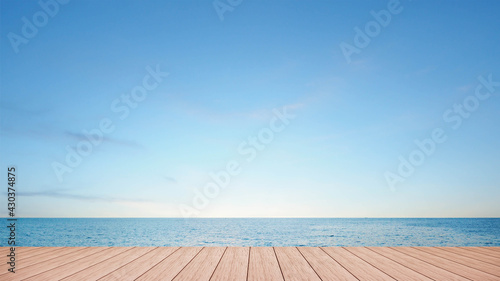empty wood deck pier with sea ocean view background calm and tranquil
