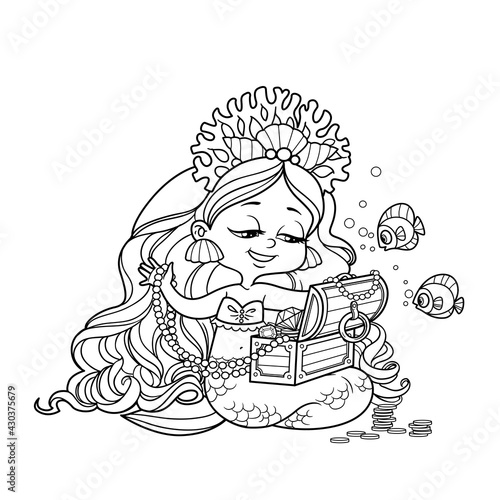 Cute little mermaid girl in coral tiara sits on its tail and goes through the treasures in the chest outlined for coloring page isolated on white background