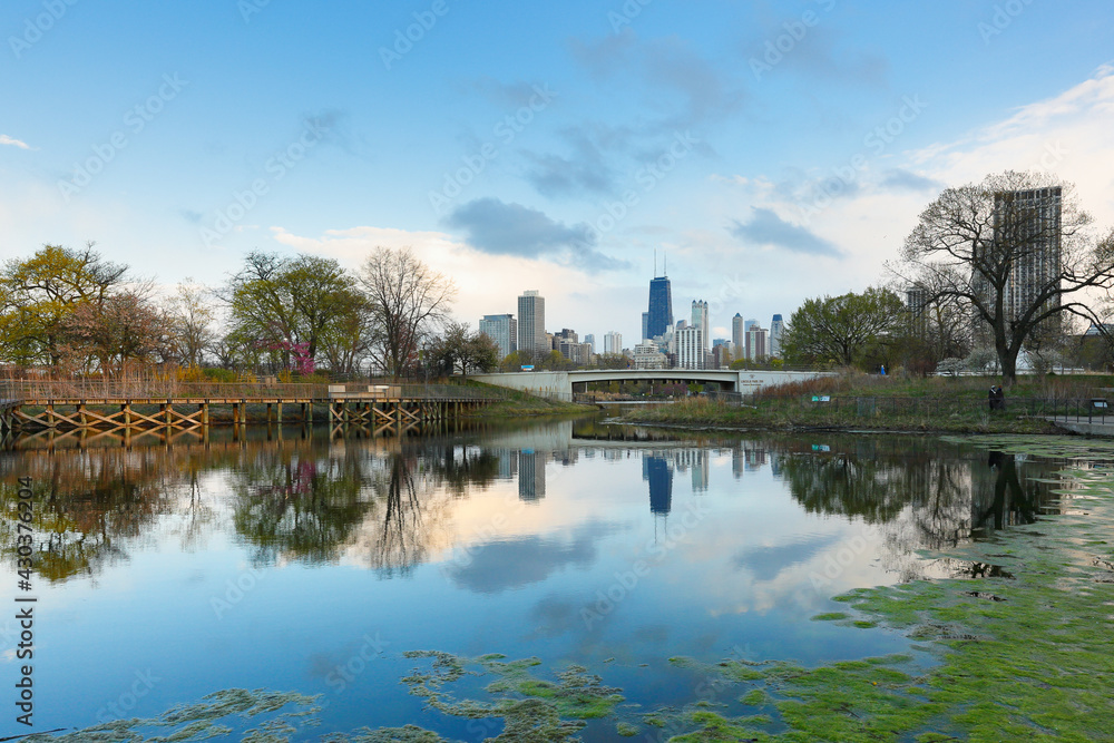 South Pond at Lincoln Park at sunset, Chicago Illinois.