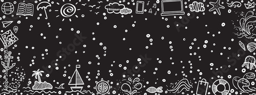 Hand drawn holiday elements in framed background. Summer relax. Freehand frame for holidays. Black and white illustration